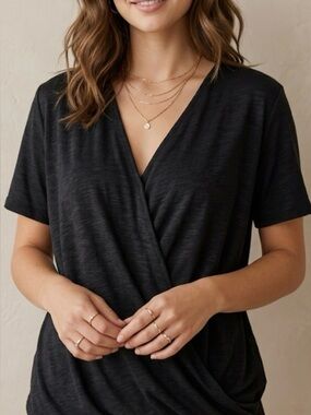 Anthropologie Dolan Left Coast Short Sleeved Black Faux Wrap Top M